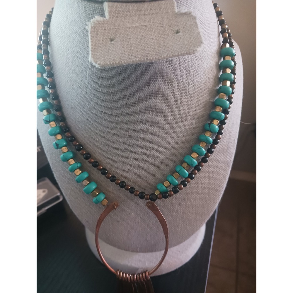 Boho Faux Turquoise Beaded Strand Necklace Hammered Copper Hoop Fringe
